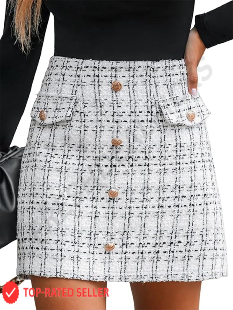 Plaid Mini Skirt High Waist Tweed Pencil Bodycon Spring Summer Office